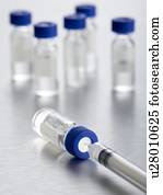 vacina, frascos, e, um, siringa, fim, cima.