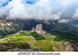 Rock formation and low cloud, Dolomites, Italy