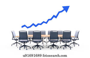 Business meeting table with blue arrow