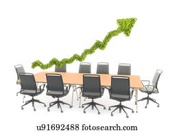 Business meeting table with green arrow