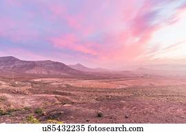 Volcanic landscape at dusk, La Oliva, Fuerteventura, Spain