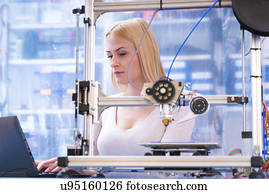 mulher, usando, 3d, impressora