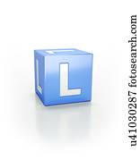Blue cube with letter L.