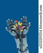 robotic, mãos, segurando, borboletas
