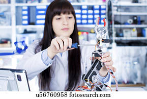 estudante, trabalhando, em, robótica, laboratório