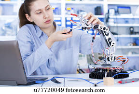 femininas, engenheiro, trabalhando, em, um, robótica, laboratório