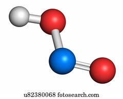 Nitrous acid (HNO2) mineral acid molecule. Atoms are represented as spheres with conventional colour coding: hydrogen (white), oxygen (red), nitrogen (blue).
