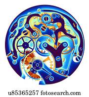 mecânico, relógio, interior, ilustração