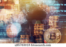 hacker computador, com, empilhado, Bitcoins