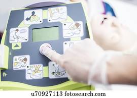 automatizado, externo, defibrillator, training.