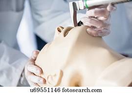 Doctor practising tracheal intubation on a training dummy.