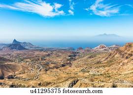 Elevated view of Fogo Island volcano from Serra da Malagueta, Santiago, Cape Verde, Africa