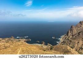 Elevated view of rugged coastline and sea, Nova Sintra, Brava, Cape Verde, Africa
