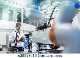 engenheiro, e, robô, inspeccionando, car, em, robótica, pesquise facilidade