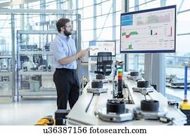 engenheiro, testar, um, robotic, producao, simulador, em, robótica, pesquise facilidade
