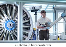 engenheiro, usando, robotic, metrology, medir, motor jato, em, robótica, pesquise facilidade