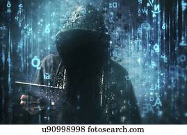 hacker computador, com, hoodie, cercado, por, matriz, code.