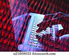 modelo, RELEASED., cyber, ataque, conceitual, image., hacker, acessando, alguém, else's, computador, programme.