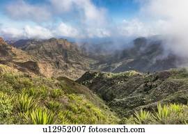 Mountain landscape with low clouds, Serra da Malagueta, Santiago, Cape Verde, Africa