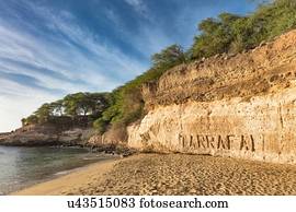 Place name carved into cliff on beach, Tarrafal, Cape Verde, Africa