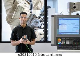 retrato, de, aprendiz, robótica, engenheiro, com, robô, em, robótica, pesquise facilidade