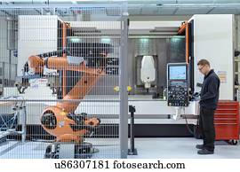 robótica, engenheiro, operando, robô, ajudado, CNC, máquina, em, robótica, pesquise facilidade