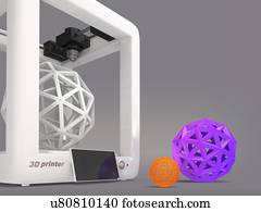 3D printer with geometric objects, illustration.
