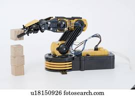 braço robótico, usando, predios, blocks.