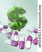 Dollar sign and capsules, illustration.