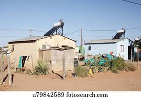 House on an informal settlement (township) with a solar water heater, Vredendal, Western Cape, South Africa.