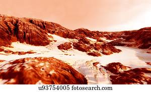 Morning on Mars, illustration. Rocky landscape on Mars, the fourth planet from the sun and the second smallest in the solar system. Mars is a rocky desert world with no surface water. The atmosphere is mostly carbon dioxide and Martian surface...