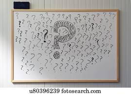 Question marks on office whiteboard.