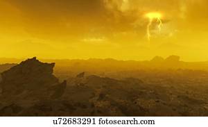 Surface of Venus. Computer illustration of a view across the rocky surface of the planet Venus, showing clouds of sulphuric acid obscuring the Sun. Venus lies around 108 million kilometres from the Sun, around two-thirds of the Earth-Sun distance, and...