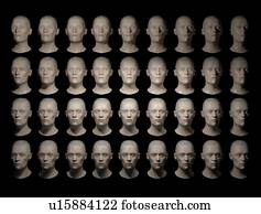 36, idêntico, heads., Could, ser, substituição, partes corpo, crescido, em, laboratório, ou, fabricado, para, robotics., computador gerou, image.