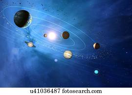 Artwork of the solar system, showing the paths of the eight major planets as they orbit the Sun, plus the asteroids and comets. The four inner planets are, from inner to outer, Mercury, Venus, Earth and Mars. The four outer planets are, inner to...