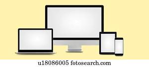 Blank digital device screens against a yellow background.