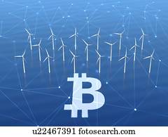 conceito, de, mineração, de, cryptocurrency, com, ajuda, de, offshore, areje turbina, farm., 3d, illustration.