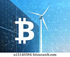 Cryptocurrency, mineração, com, renovável, energy., 3d, illustration.