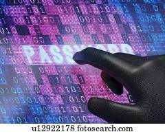 cyber, crime, concept., a, mão, de, a, hacker, ligado, digital, tela, entra, senha, para, theft., 3d, illustration.