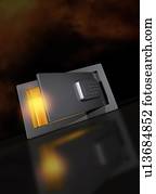 Digital device and glowing container, illustration.