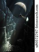 Exploration of Europa, illustration. In the future, a probe descents into an ice chasm on Jupiter's moon, Europa. Jupiter and Io are seen above.