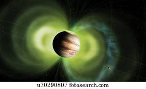 Illustration of Jupiter and its associated magnetic field, and its interaction with the volcanic moon Io. Jupiter has a powerful dipole magnetic field with an equatorial strength of 7.8 Gauss (780 micro Tesla). The field is tilted relative to the spin...