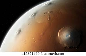 Mars - Tharsis region. Tharsis is a volcanic plateau in Mars' western hemisphere. It is home to several volcanoes, including Olympus Mons (bottom right), the largest volcanic feature in the Solar System. On the left limb of the planet can be seen the...