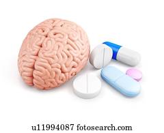 Model of human brain and pills to improve memory. 3D illustration.