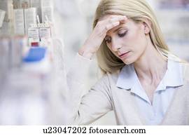mulher, tocar, cabeça, em, pharmacy.