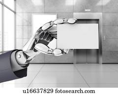 robótica, mão, ter, cartão negócio branco, em, um, escritório, space., futurista, tecnologia, com, AI., 3d, illustration.