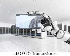 robótica, mão, ter, eletrônico, cartão negócio branco, em, um, dados, center., inteligência artificial, concept., 3d, illustration.