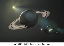 Voyager spacecraft at Saturn, Illustration. Two Voyager spacecraft (Voyager 1 and Voyager 2) were launched in 1977. This timing took advantage of a rare alignment of the giant outer planets Jupiter and Saturn, which made it possible for the spacecraft...