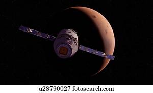Illustration of a satellite in front of Mars.