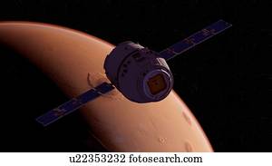 Illustration of a satellite in front of Mars.
